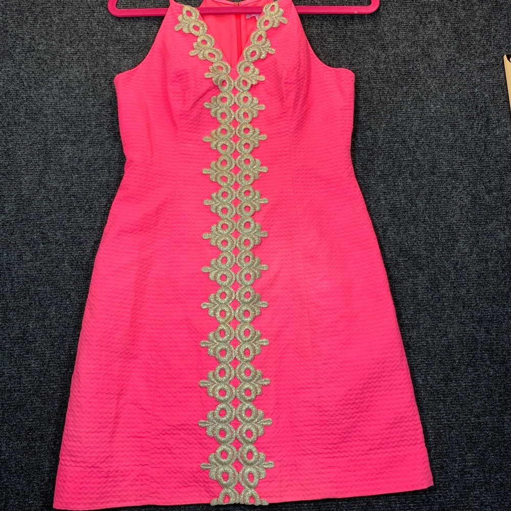 Lilly Pulitzer Shift Dress 2 Hot Pink Gold Modernism Cocktail Party Sleeveless